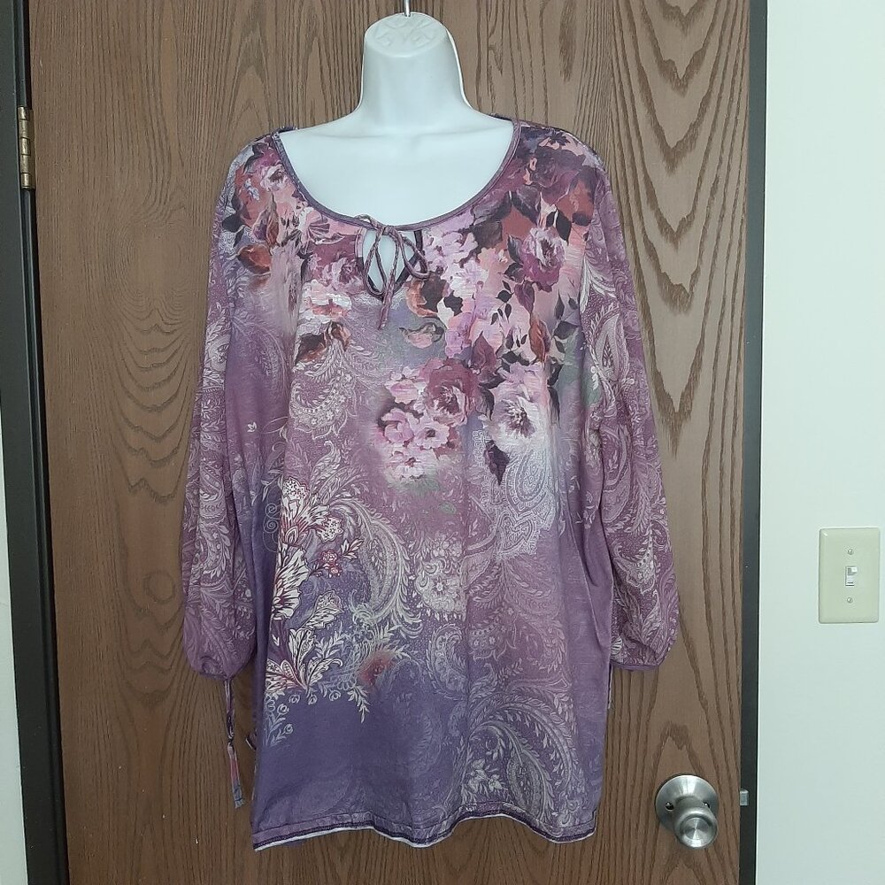 Catherines Floral Paisley Drawstring V-Neck Tunic Top 3X Cold Shoulder Sleeves